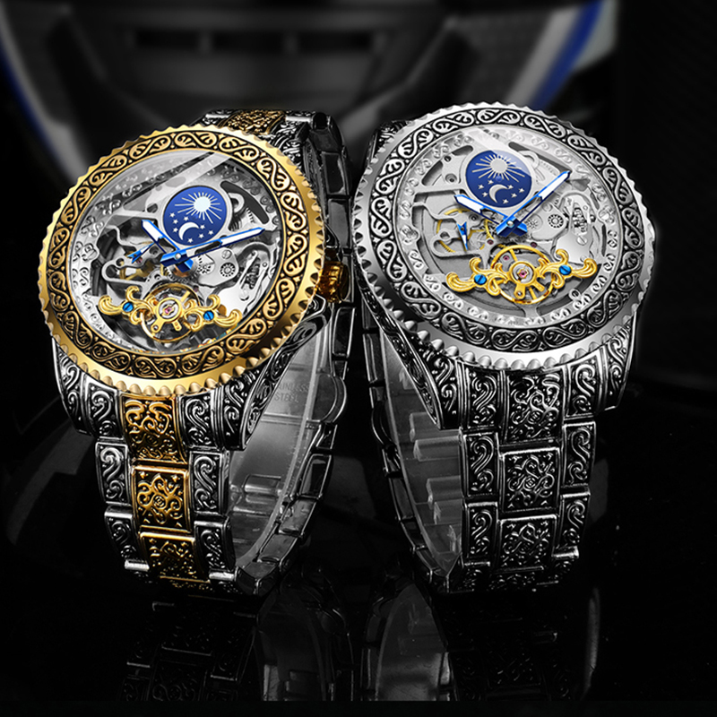 Moonphase Complication Watch - Forsining Luxus transparentes Skelett automatische mechanische