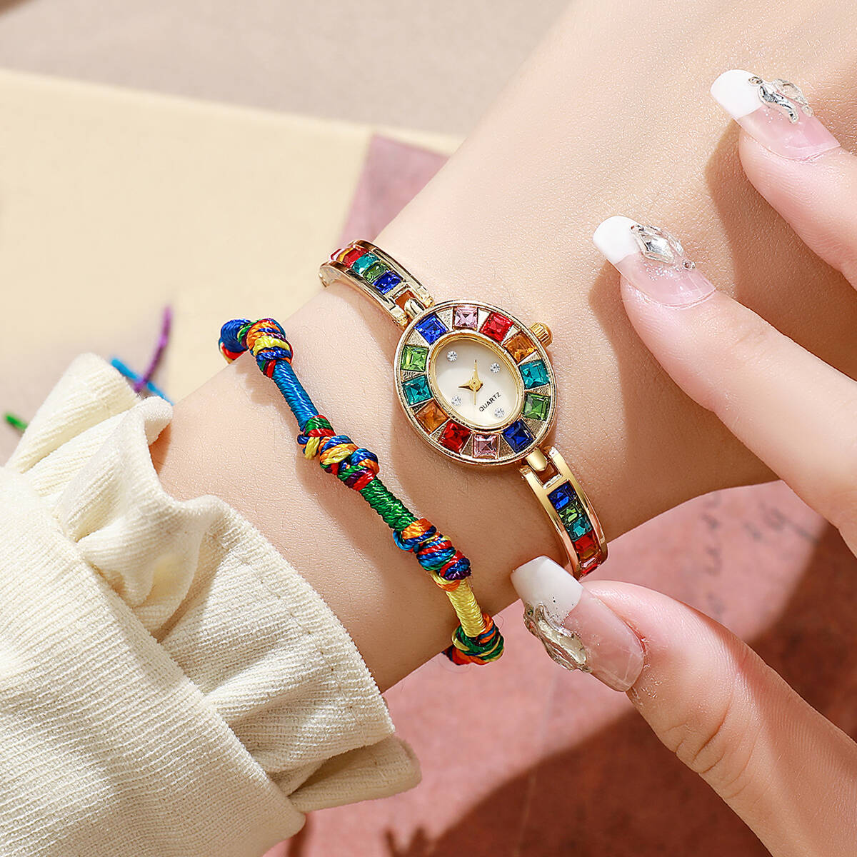 Luxury Watch Case - 2-teiliges Set Luxus-Strass-Damenuhren, modisches Armband, Quarzuhr,