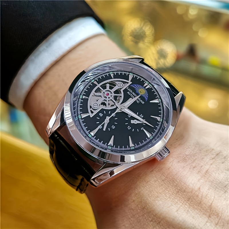 Luxury Watch Name Brands - Hochwertige mechanische Luxus-Business-Herrenuhr, Skelett-Design, Automatikaufzug, Lederarmband,